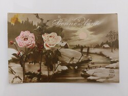 Old Christmas postcard 1919 postcard rose snowy landscape