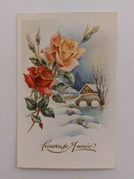 Régi karácsonyi képeslap 1955 levelezőlap havas táj rózsa