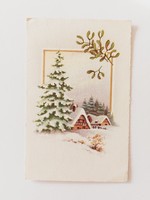 Old Christmas postcard postcard snowy landscape with mistletoe