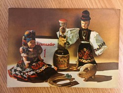 Retro Szilveszteri /Újévi képeslap /Unicum barackpálinka/Matyó babák /1964