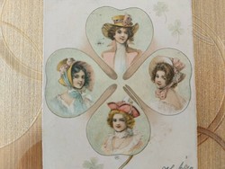 Régi újévi képeslap 1901 levelezőlap hölgyek lóhere