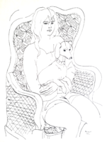 Károly Reich: sitting girl with a dog in her lap (numbered screen print, 1983) dog, animal image, 61x43 cm