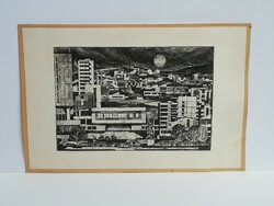 József Parády's Salgótarán skyline of the main square downtown 1970 etching without frame