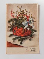 Old Christmas card 1954 postcard pine branch mistletoe