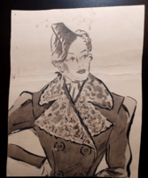 Woman in a coat - stylized portrait (21x28cm) ink drawing