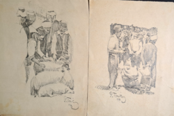 Brilliant pencil drawings (2 pieces) by Tomič Rajko (1905-1988) - shepherds with lambs, village life