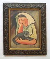 Mikulás Galanda - Dievca s mackou (Kislány macskával) című festménye
