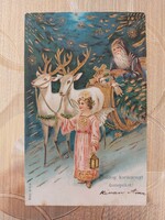 Régi karácsonyi dombornyomott képeslap 1903 levelezőlap Mikulás rénszarvas szán Angyal
