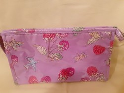 Purple-pink, toiletry bag, dragonfly, bird, raspberry patterned toilet seat, nick and nora brand