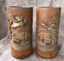 Antique patina Chinese or Japanese carved bamboo vase, brush holder pair China Japanese Asia East Asian