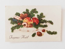 Old Christmas card postcard pine branch nut apple