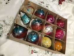 Régi üveg karácsonyfa dísz szett dobozban