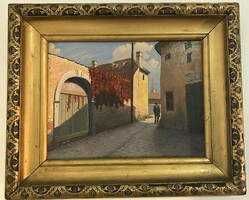 Autumn street scene with wild grapes - unknown artist with sign (45x37 cm frame)