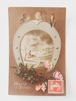 Old Christmas postcard postcard snowy landscape little bird rose horseshoe
