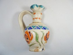 Retro old folk folk art marked colorful glazed painted ceramic jug with lugs bait jug