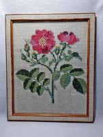 Finland flawless condition large-sized wooden picture frame with pink cross-stitch embroidered picture.