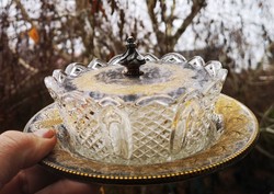 Art Nouveau antique serving table centerpiece, butter holder, sugar box, glass insert, silver type, silver plated