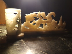 Chinese dragon motif carved alabaster table decoration / candle holder