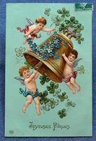 Antik dombornyomott Húsvéti üdvözlő litho képeslap angyalkák harang 4levelű lóhere nefelejcs