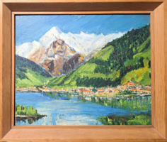 Alpine village (oil painting, size 35x30cm with frame) can be sea, mountains, Austria or Switzerland