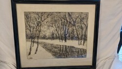 Máté Dudás: winter in the forest etching