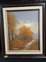 Autumn landscape canvas painting on marked wood