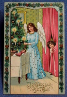 Antik dombornyomott Karácsonyi üdvözlő képeslap angyal karácsonyfát díszít kisleány leskelődik