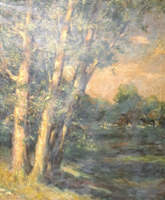 Pál Szilvássy - oil on canvas landscape 60x50 cm, 1954 (a serene landscape with trees, play of light and shadow)