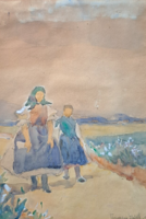 Vámosyné Eleőd Karola: Parasztasszony és lány (akvarell, 1912 (teljes méret 54x43,5 cm) Vámosiné