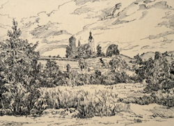 Landscape with church tower, ink drawing (full size 46x39 cm) Viktor Herméli (?)