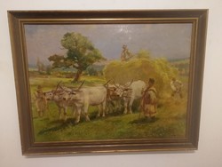 Károly Cserna - hay collectors - beautiful, large antique oil painting, original work, with guarantee