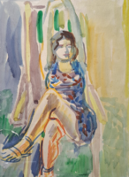 Káplár Éva: Nyújtózkodó - akvarell (mérete kerettel 41x51 cm) női portré