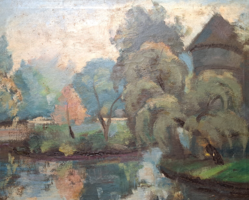 Vilmos Roisz (1906-1997): lakeside landscape with a tower (oil painting)