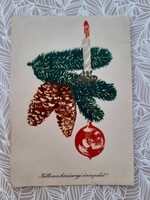 Retro Christmas card old postcard pine branch cone