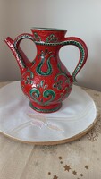 Antique gmunder ceramic spout, beautiful burgundy color with green folk pattern, hand painted, marked