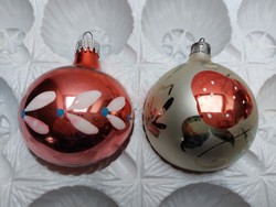 Retro üveg karácsonyfadísz régi piros gömb festett szamócás 2 db