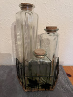 Régi vastag üveg tárolóedények - 3 db-os szett, dugóval, üveg/parafa