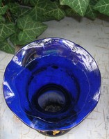 Antik kobaltkék fodros,fújt,kézi festett  üveg váza,