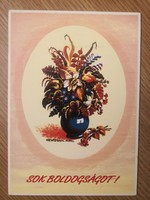 Virágkosár/Sok boldogságot!/Hentschel Antal festményét ábrázoló szétnyitható üdvözlő kártya.