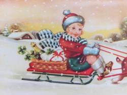 Régi karácsonyi képeslap rajzos levelezőlap kisfiú hóesés lóhere pezsgő szánkó