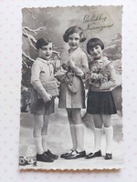 Old New Year's card photo postcard children's lucky horseshoe