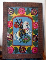Antik festett erdélyi üveg sárkányölő Szent György kép ikon  46 x 33 cm magyar néprajz
