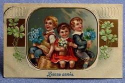 Antik szecessziós dombornyomott Újévi üdvözlő képeslap gyerekek virággal keret 4levelű lóhere