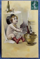 Antique embossed greeting litho postcard young gentleman in top hat spills soda in the wrong place