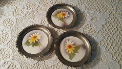 3 bmf metal coasters with porcelain inserts.