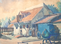 Lajos Kiss: courtyard of a village house - farm, 1932 (watercolor, full size 47x38.5 cm) 90-year-old painting!