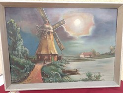 Antik olaj  festmény,, Szélmalom  holdfényben,,,57x 40 cm,,