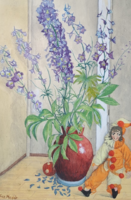 Margit Móricz: clownish flower still life (watercolor, full size 46x35 cm) Móricz bird
