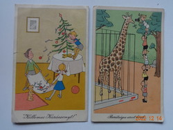 Két régi, humoros képeslap Réber László rajzaival: Kellemes Karácsonyt! + Barátságos arcot kérek...