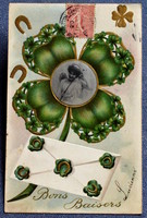 Antik Újévi üdvözlő dombornyomott képeslap 4levelű lóhere medalionban portré arany patkó